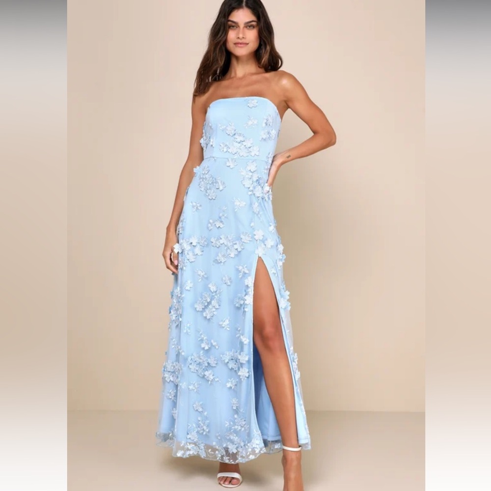 Lulu's Strapless Light Blue Floral Appliqué Gown